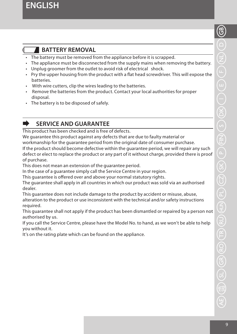 English, Battery removal, Service and guarantee | Remington HC5950 User Manual | Page 9 / 158