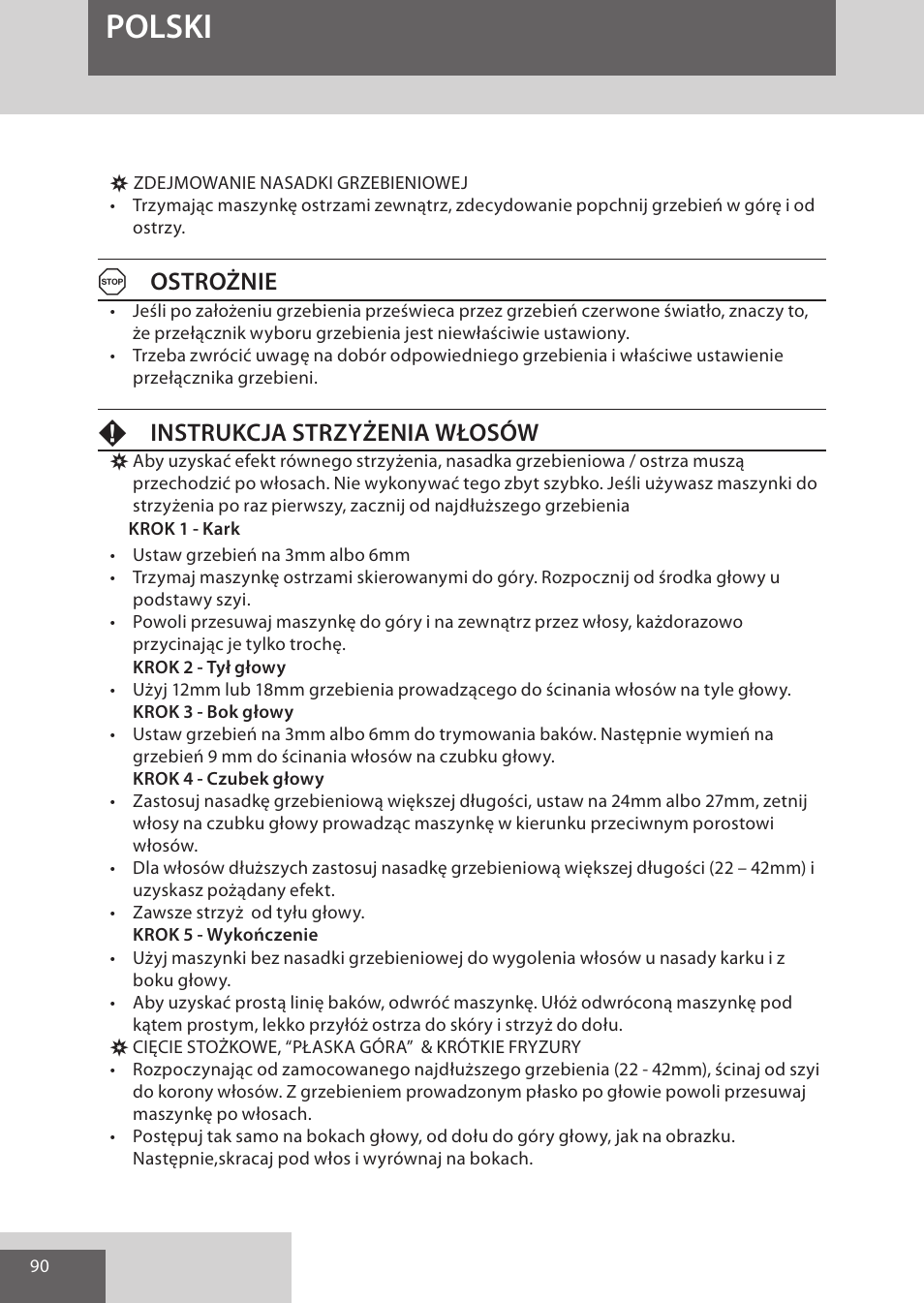 Polski, Aostrożnie, Finstrukcja strzyżenia włosów | Remington HC5950 User Manual | Page 90 / 158