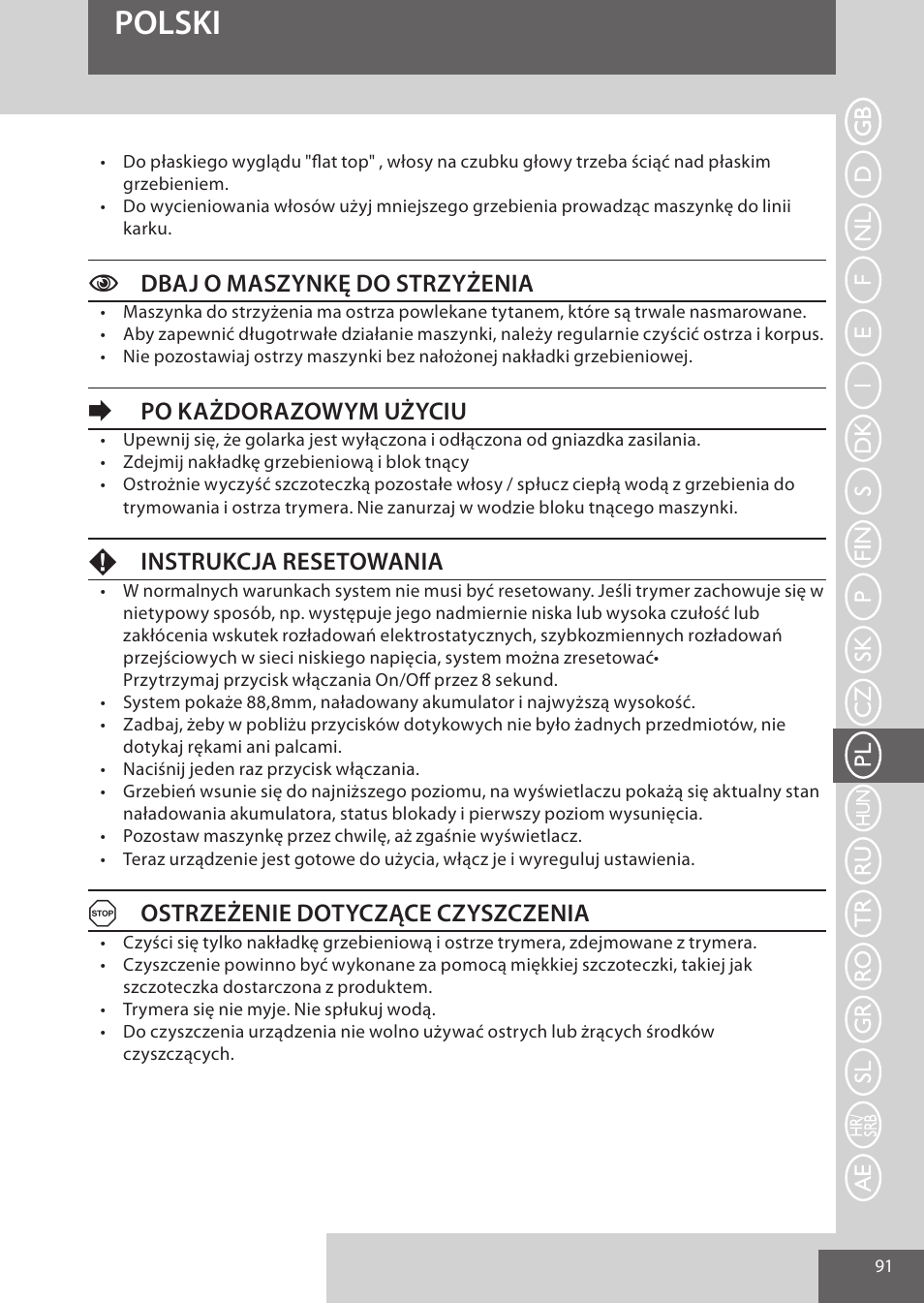 Polski, Cdbaj o maszynkę do strzyżenia, Epo każdorazowym użyciu | Finstrukcja resetowania, Aostrzeżenie dotyczące czyszczenia | Remington HC5950 User Manual | Page 91 / 158