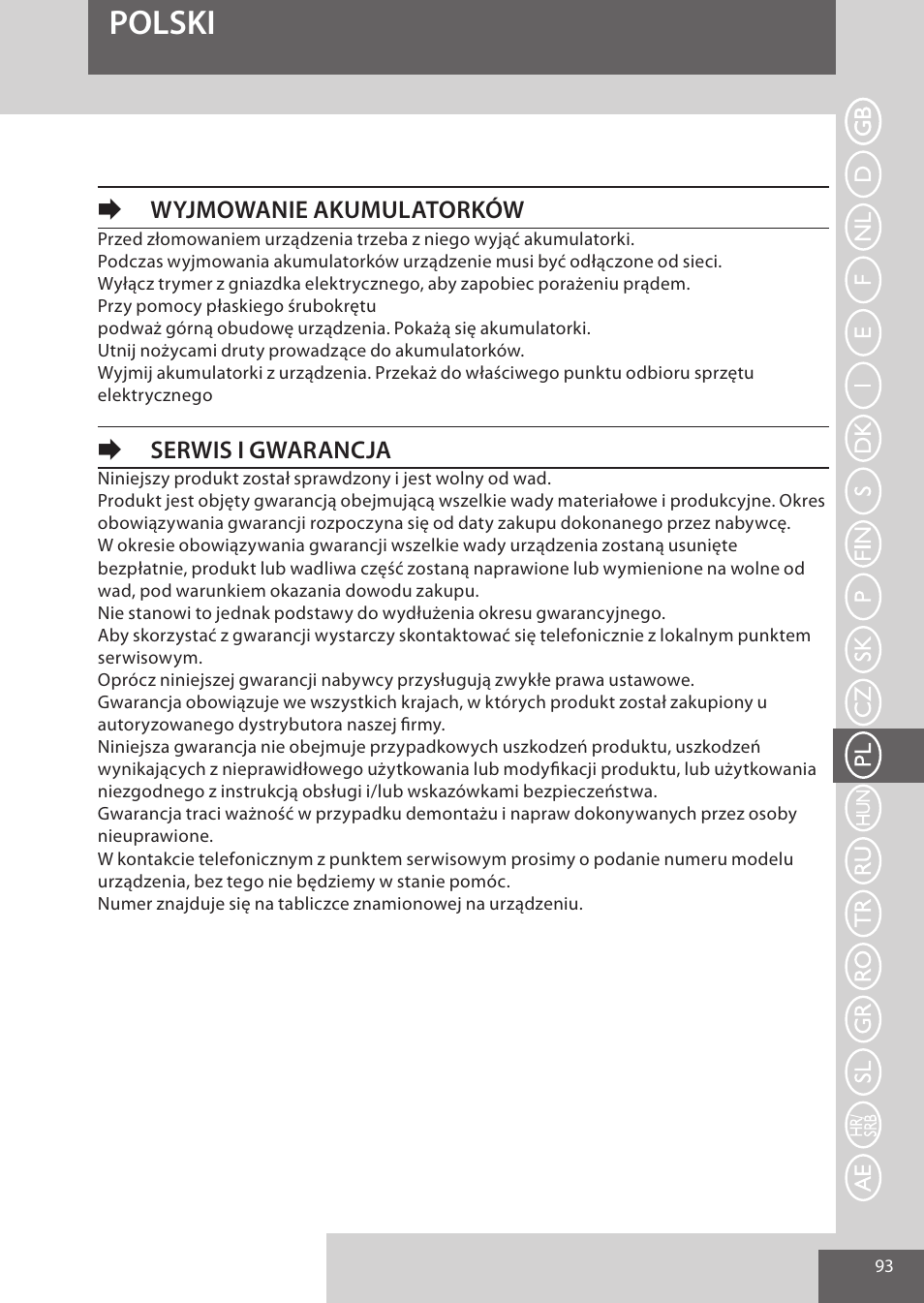 Polski, Ewyjmowanie akumulatorków, Eserwis i gwarancja | Remington HC5950 User Manual | Page 93 / 158