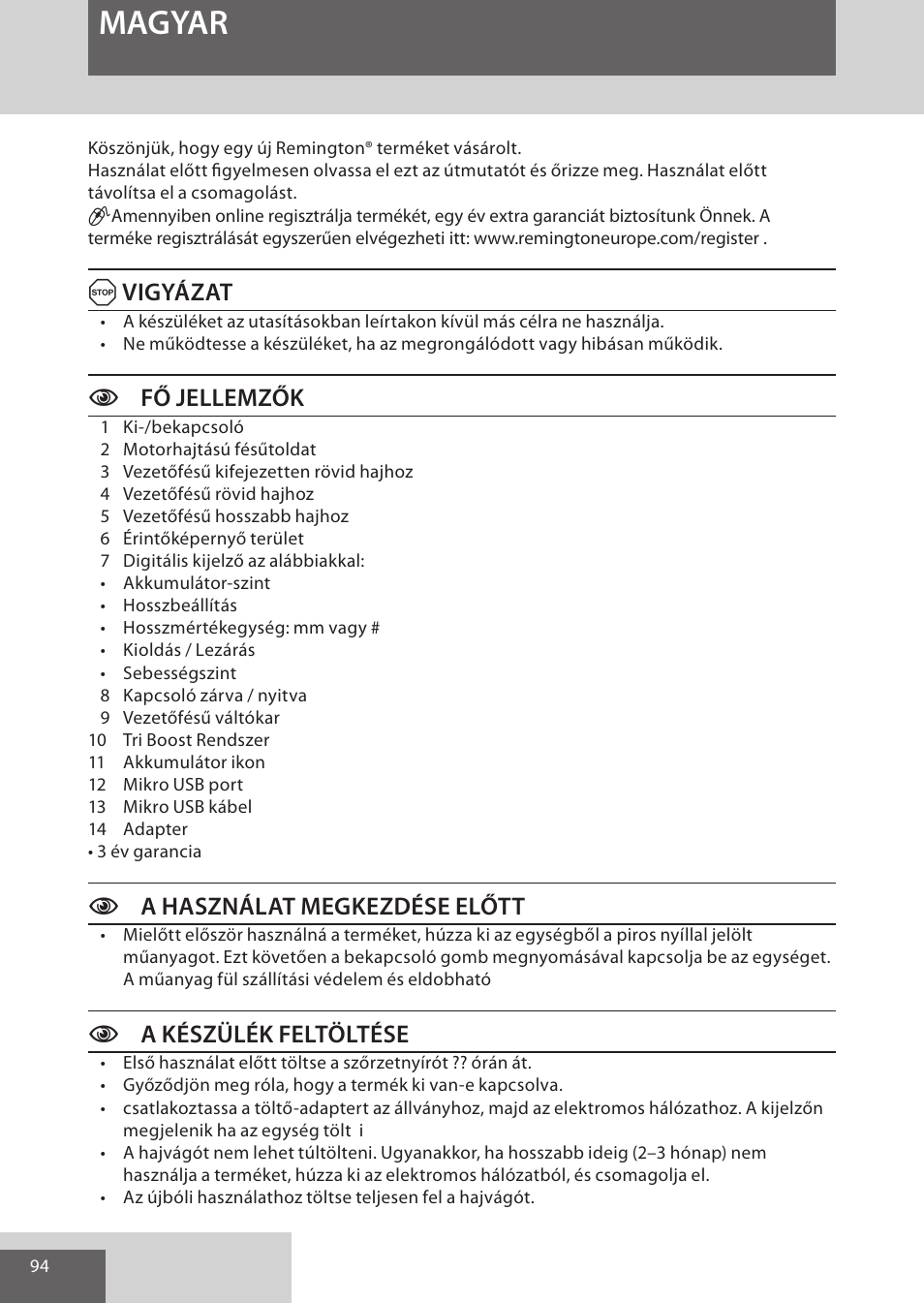 Magyar, Avigyázat, Cfő jellemzők | Ca használat megkezdése előtt, Ca készülék feltöltése | Remington HC5950 User Manual | Page 94 / 158