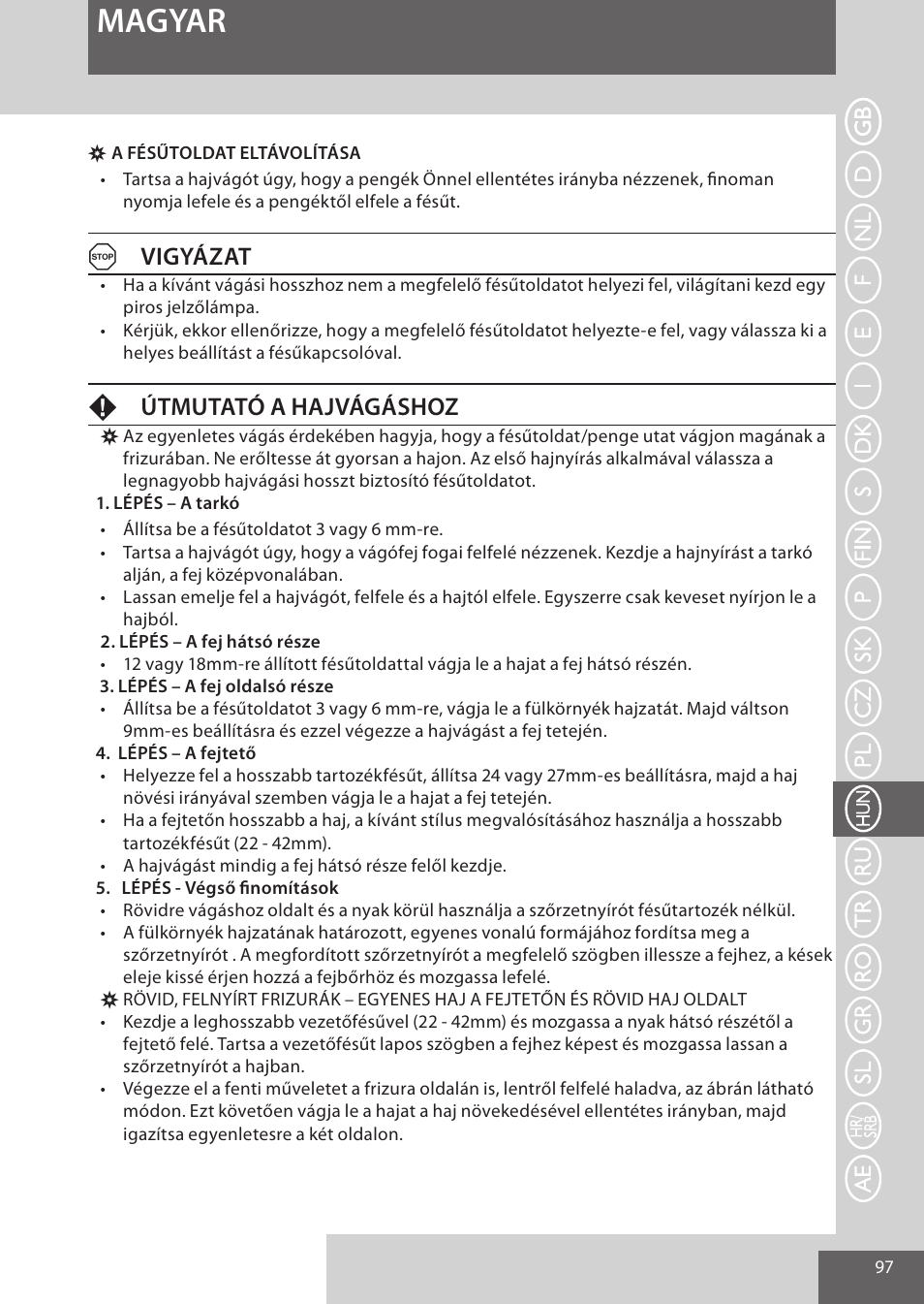 Magyar, Avigyázat, Fútmutató a hajvágáshoz | Remington HC5950 User Manual | Page 97 / 158