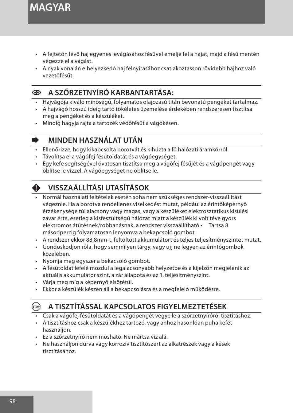 Magyar, Ca szőrzetnyíró karbantartása, Eminden használat után | Fvisszaállítási utasítások, Aa tisztítással kapcsolatos figyelmeztetések | Remington HC5950 User Manual | Page 98 / 158