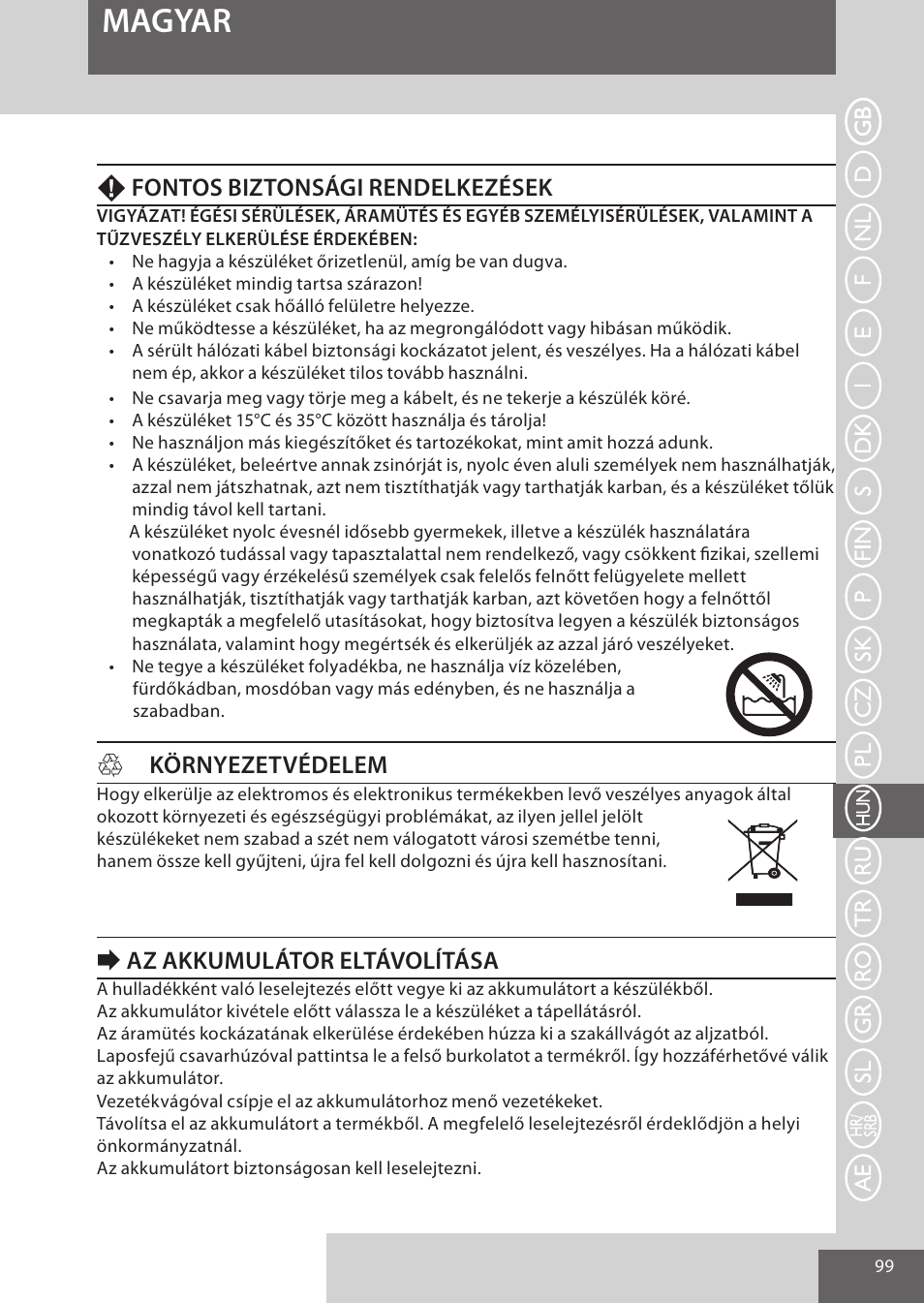 Magyar, Ffontos biztonsági rendelkezések, Hkörnyezetvédelem | Eaz akkumulátor eltávolítása | Remington HC5950 User Manual | Page 99 / 158