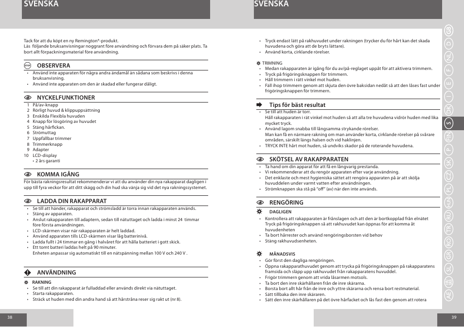 Svenska | Remington R7150 User Manual | Page 20 / 56