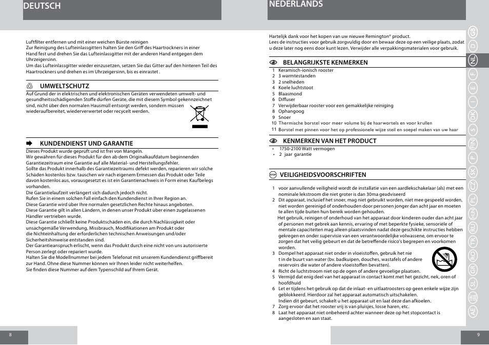 Nederlands deutsch | Remington D5017 User Manual | Page 5 / 36