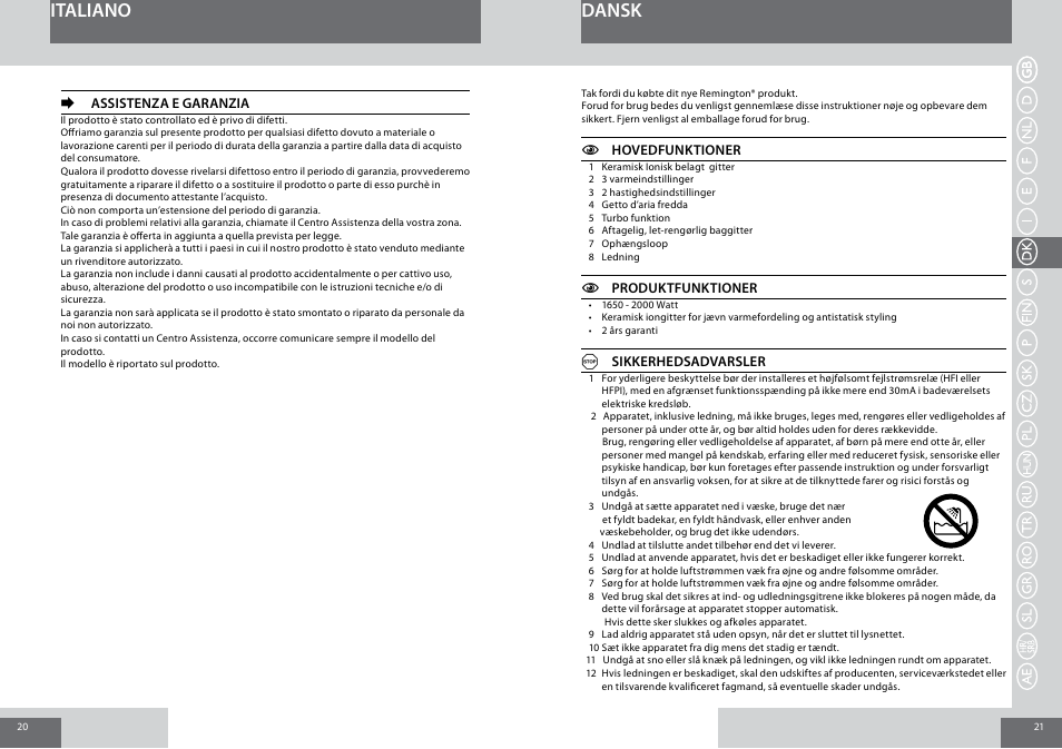 Dansk italiano | Remington D5006 User Manual | Page 11 / 36