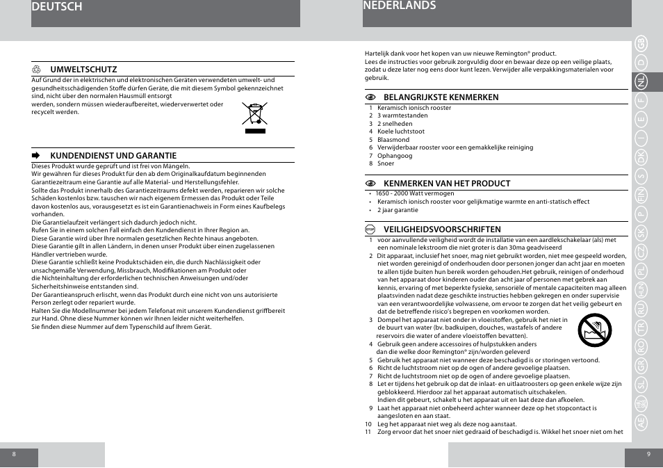 Nederlands deutsch | Remington D5006 User Manual | Page 5 / 36