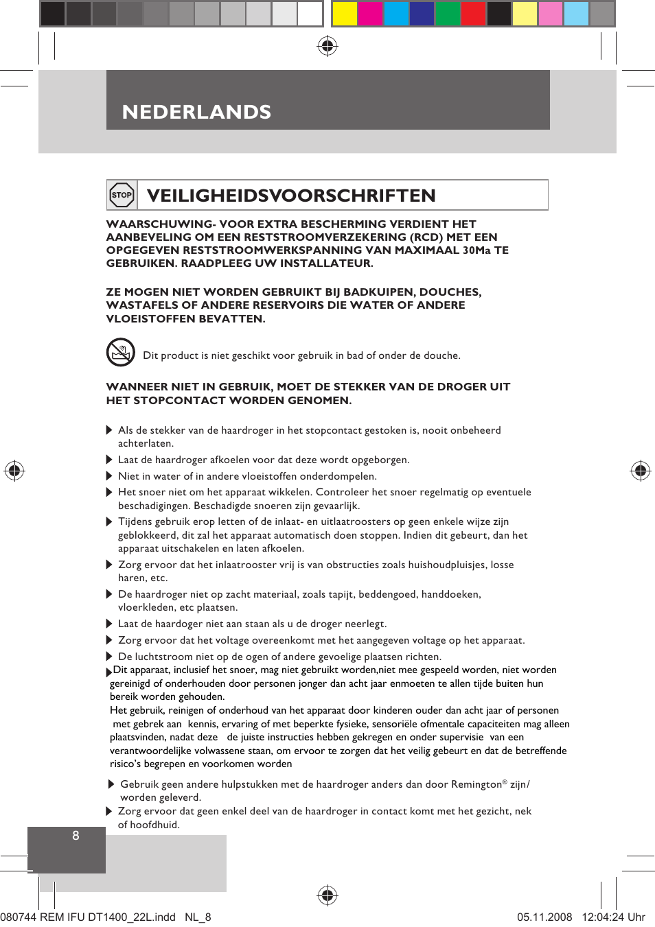 Nederlands, Veiligheidsvoorschriften | Remington D2400 User Manual | Page 10 / 69