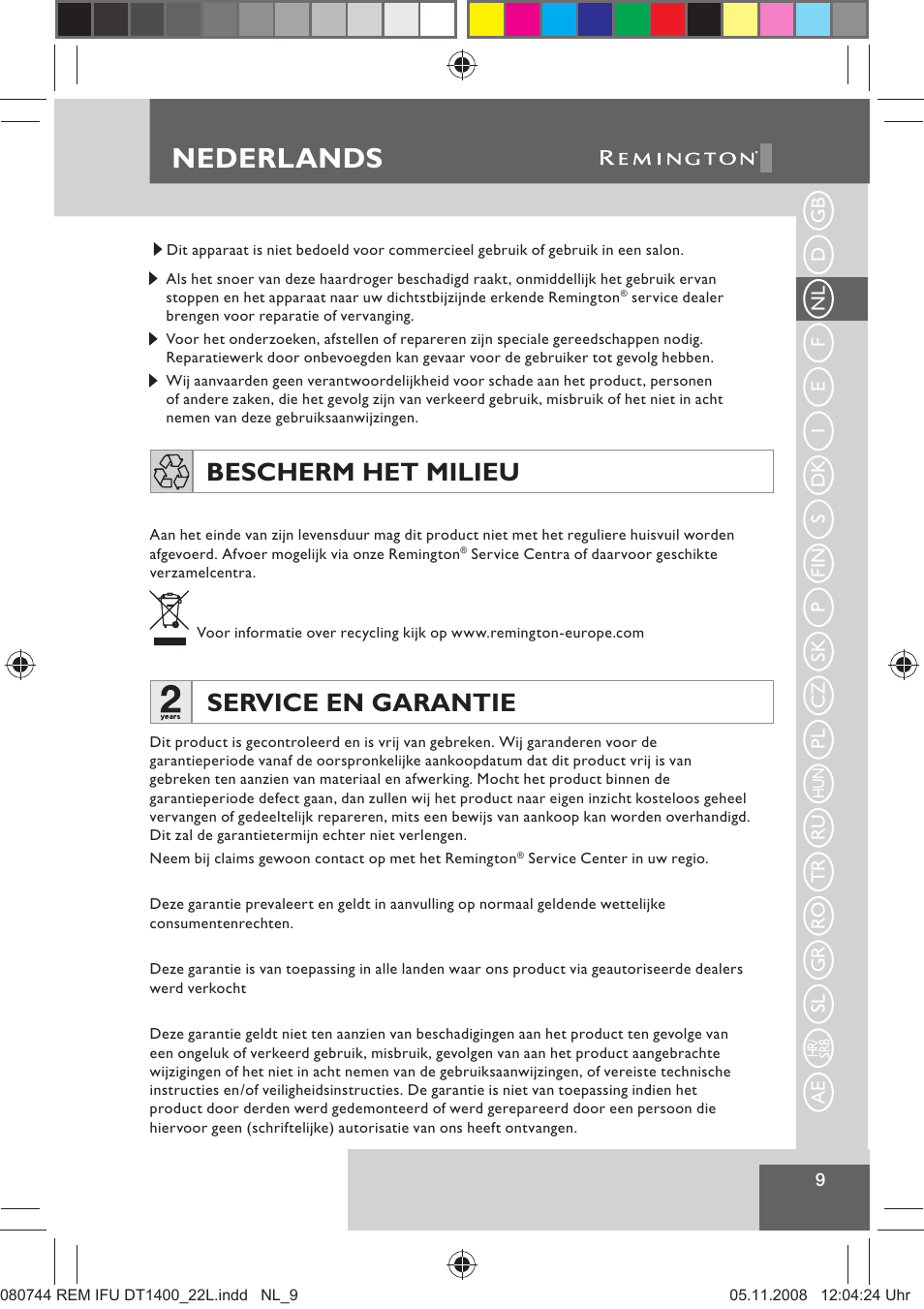 Nederlands, Service en garantie, Bescherm het milieu | Remington D2400 User Manual | Page 11 / 69