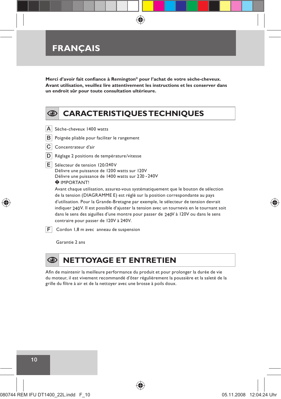 Français, Caracteristiques techniques, Nettoyage et entretien | Remington D2400 User Manual | Page 12 / 69