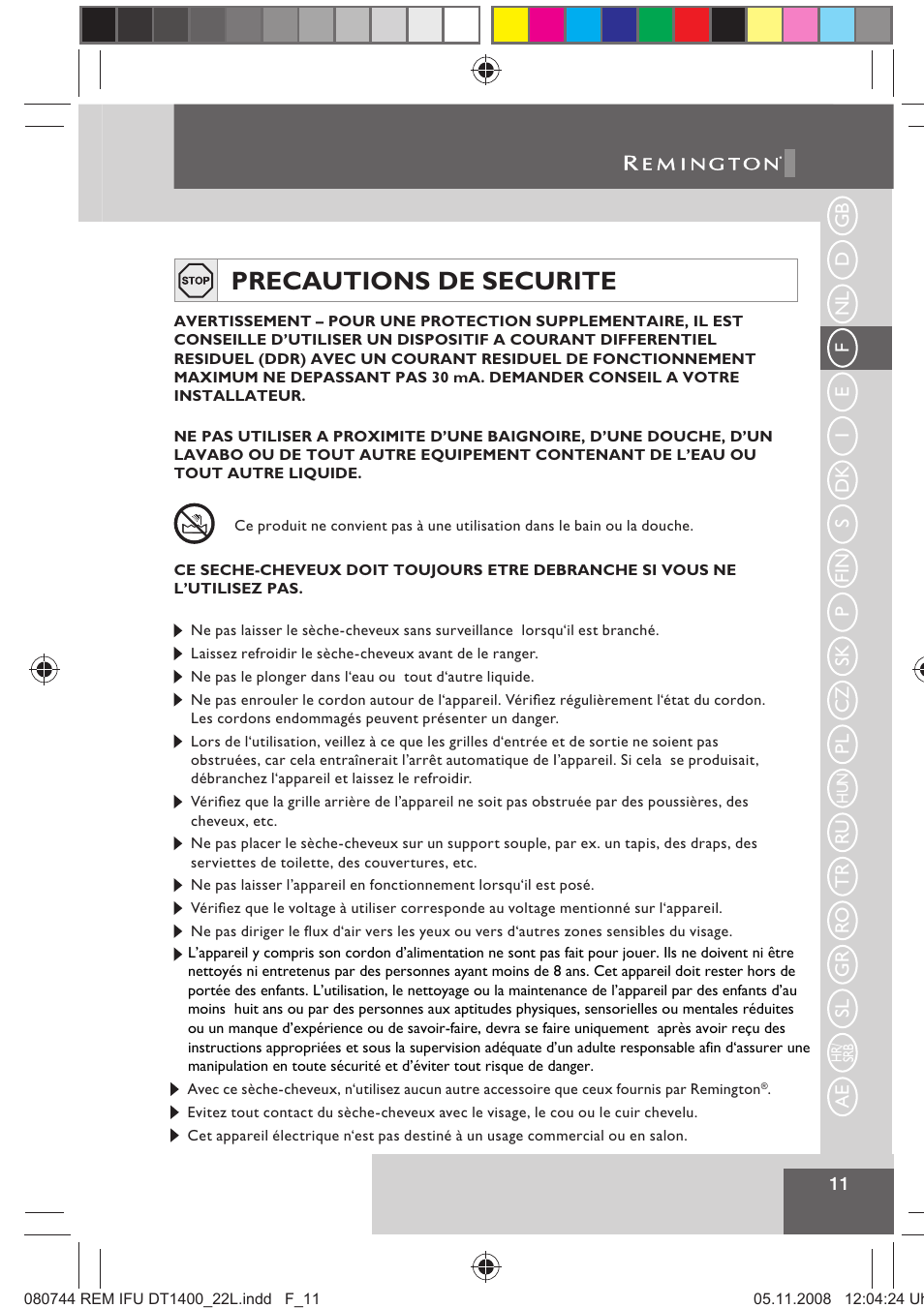 Precautions de securite | Remington D2400 User Manual | Page 13 / 69