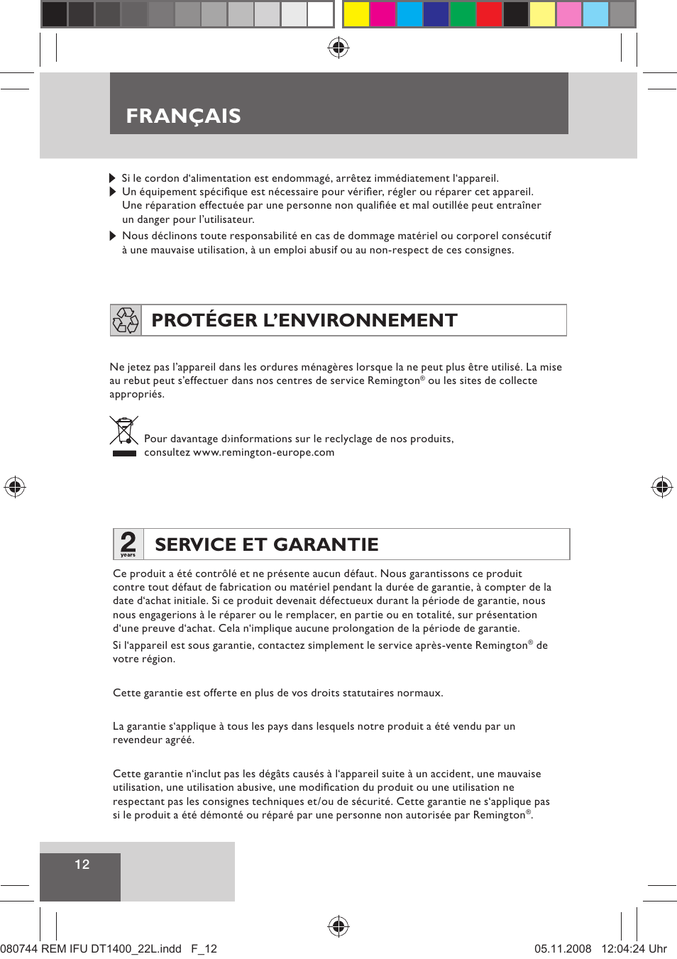 Français, Service et garantie, Protéger l’environnement | Remington D2400 User Manual | Page 14 / 69