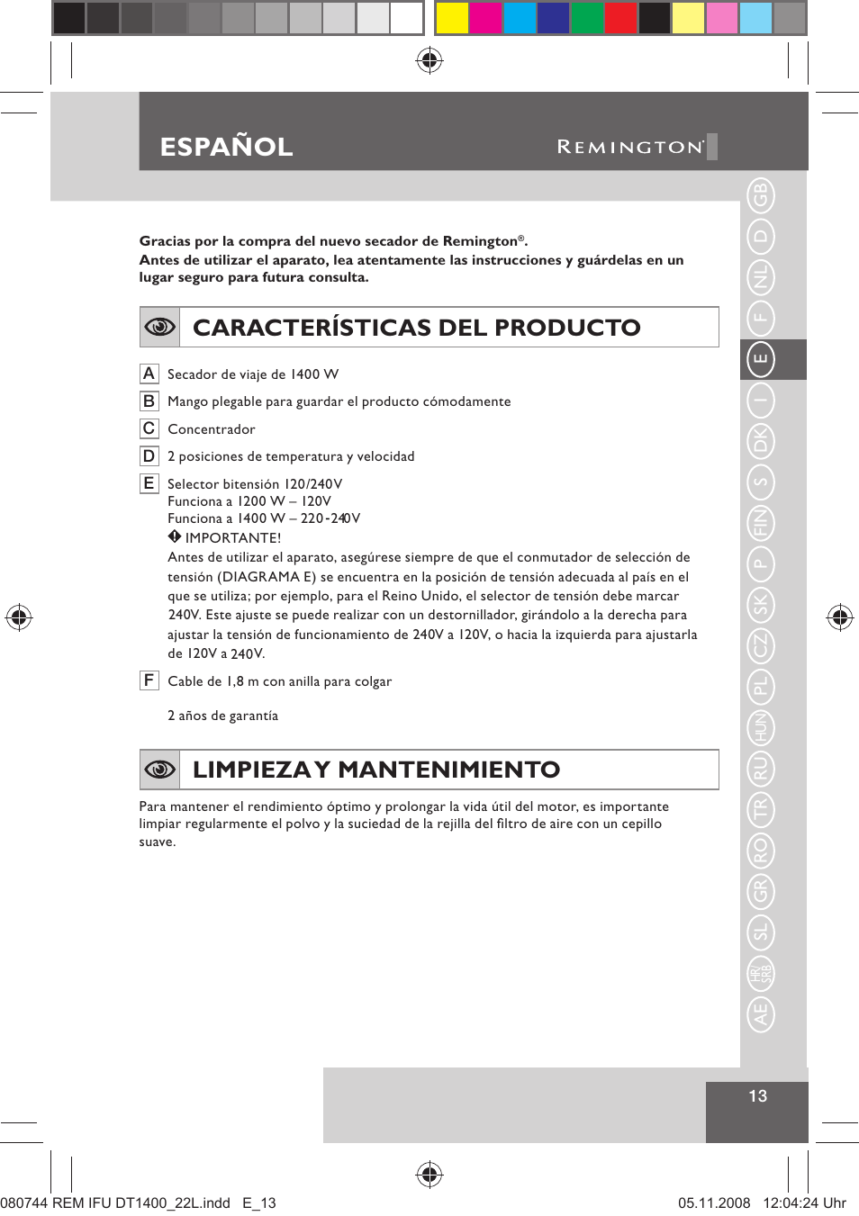 Español, Características del producto, Limpieza y mantenimiento | Remington D2400 User Manual | Page 15 / 69
