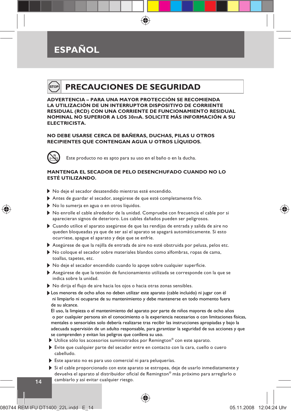 Español, Precauciones de seguridad | Remington D2400 User Manual | Page 16 / 69