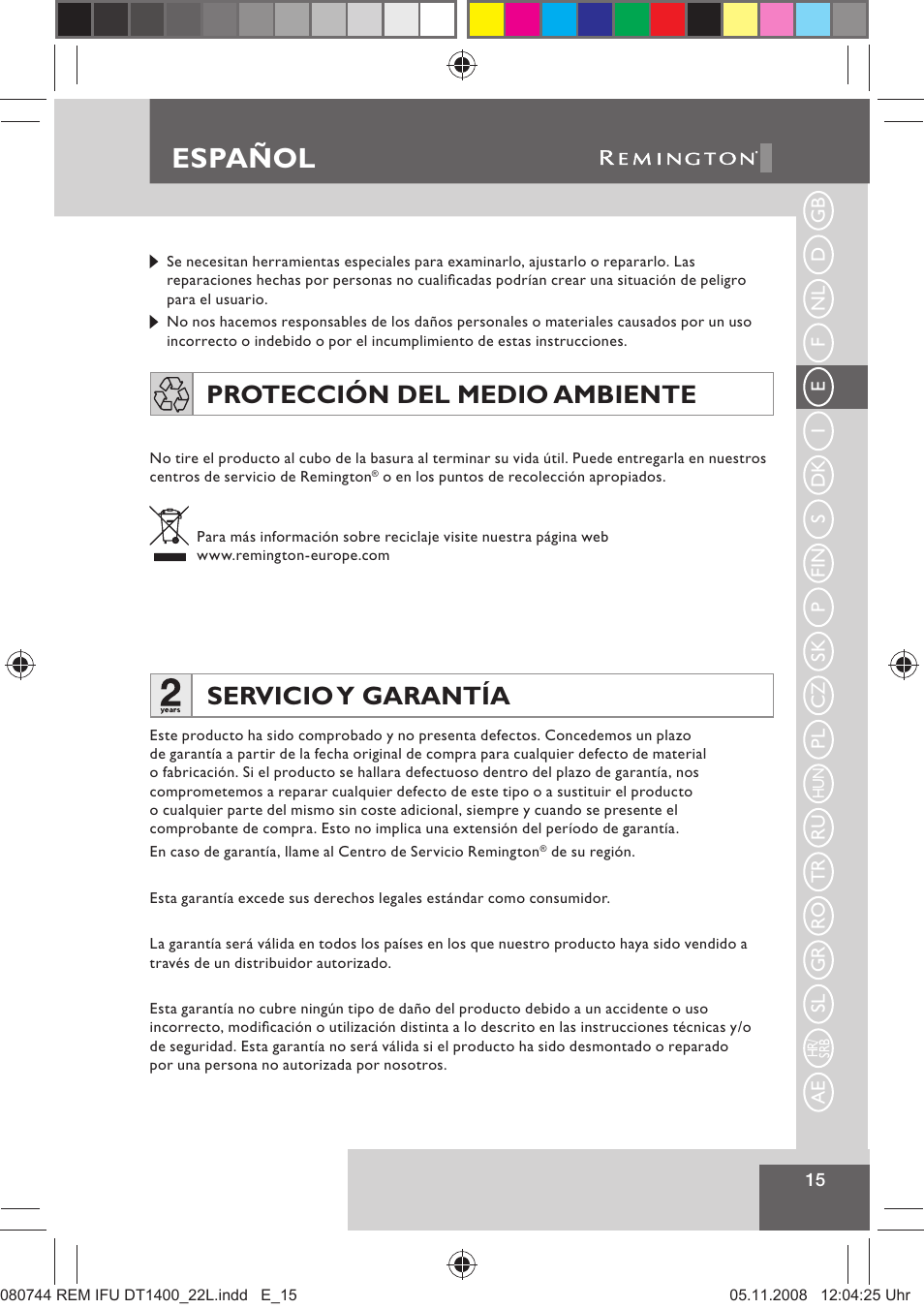 Español, Servicio y garantía, Protección del medio ambiente | Remington D2400 User Manual | Page 17 / 69