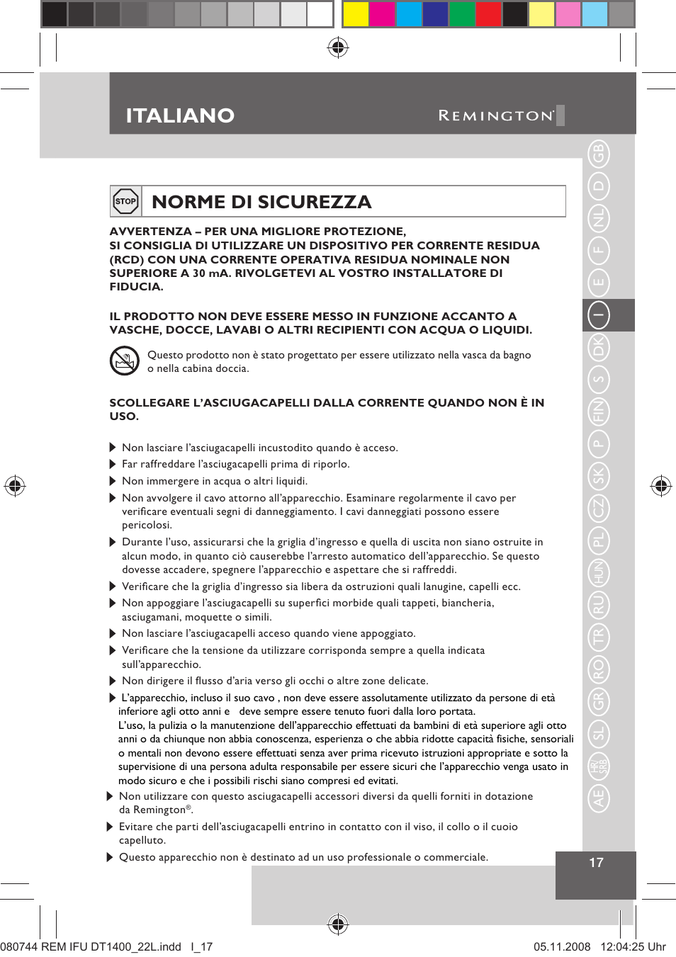 Italiano, Norme di sicurezza | Remington D2400 User Manual | Page 19 / 69