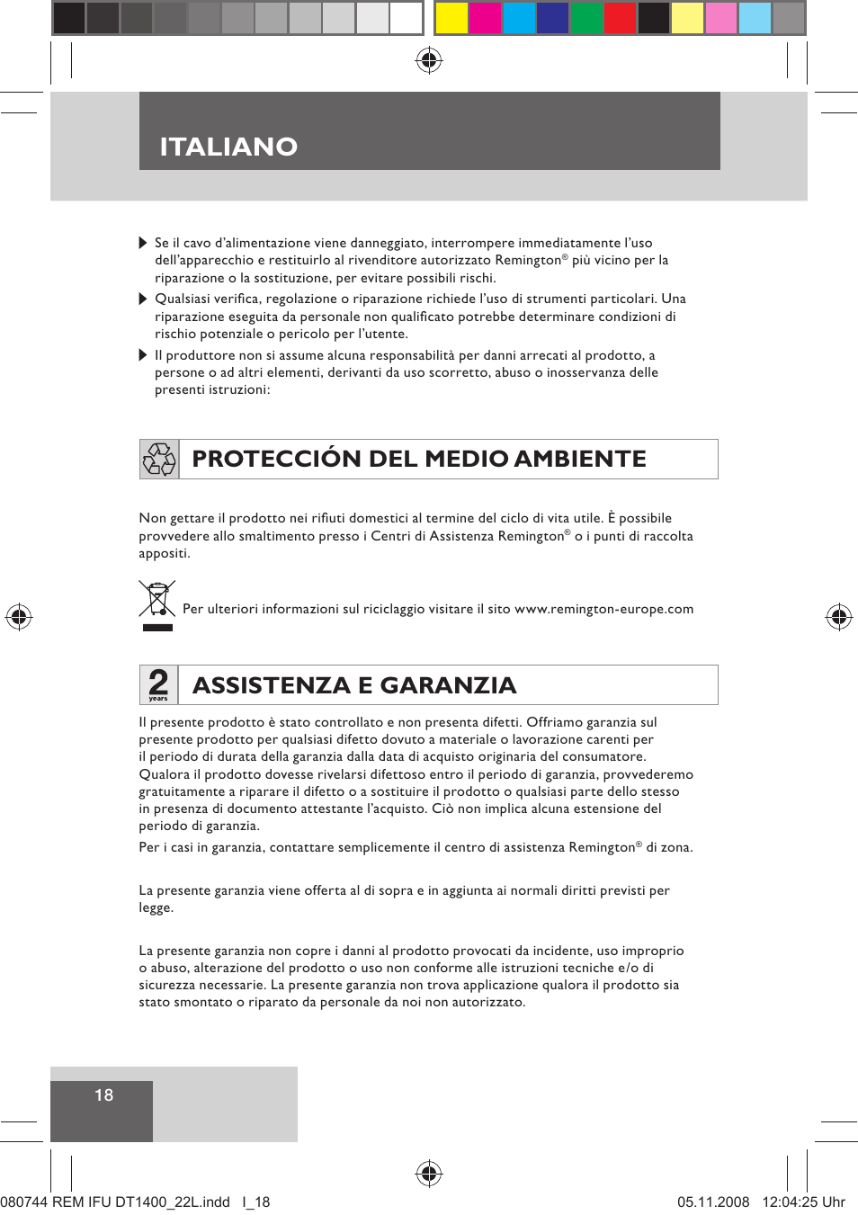 Italiano, Assistenza e garanzia, Protección del medio ambiente | Remington D2400 User Manual | Page 20 / 69