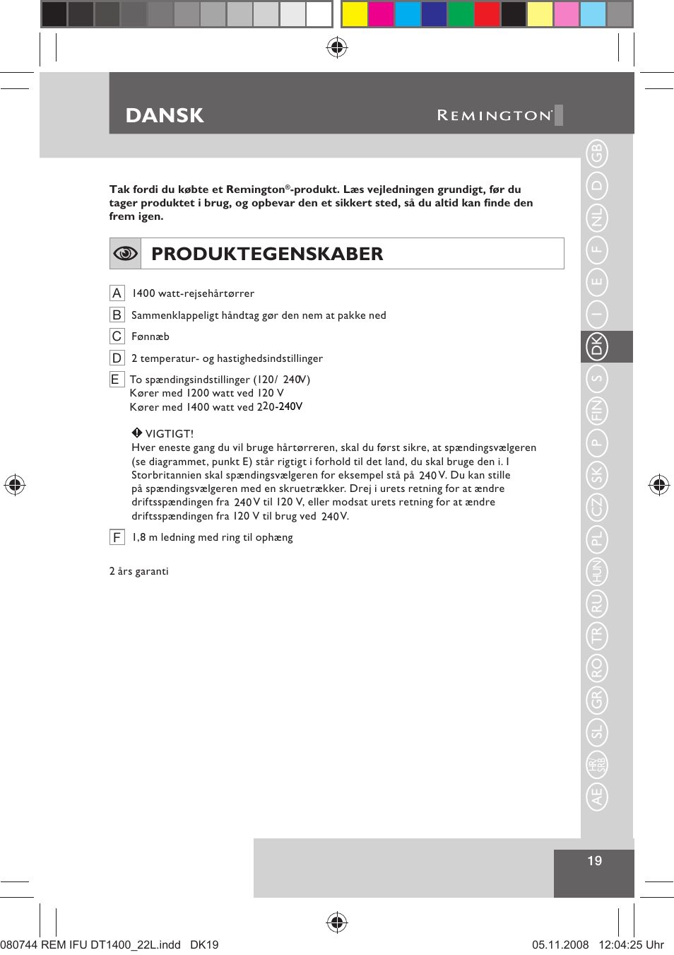 Dansk, Produktegenskaber | Remington D2400 User Manual | Page 21 / 69