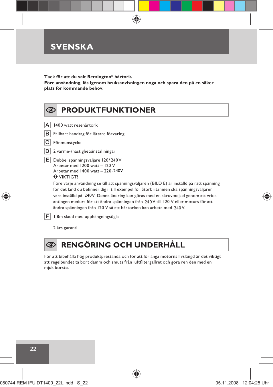 Svenska, Produktfunktioner, Rengöring och underhåll | Remington D2400 User Manual | Page 24 / 69