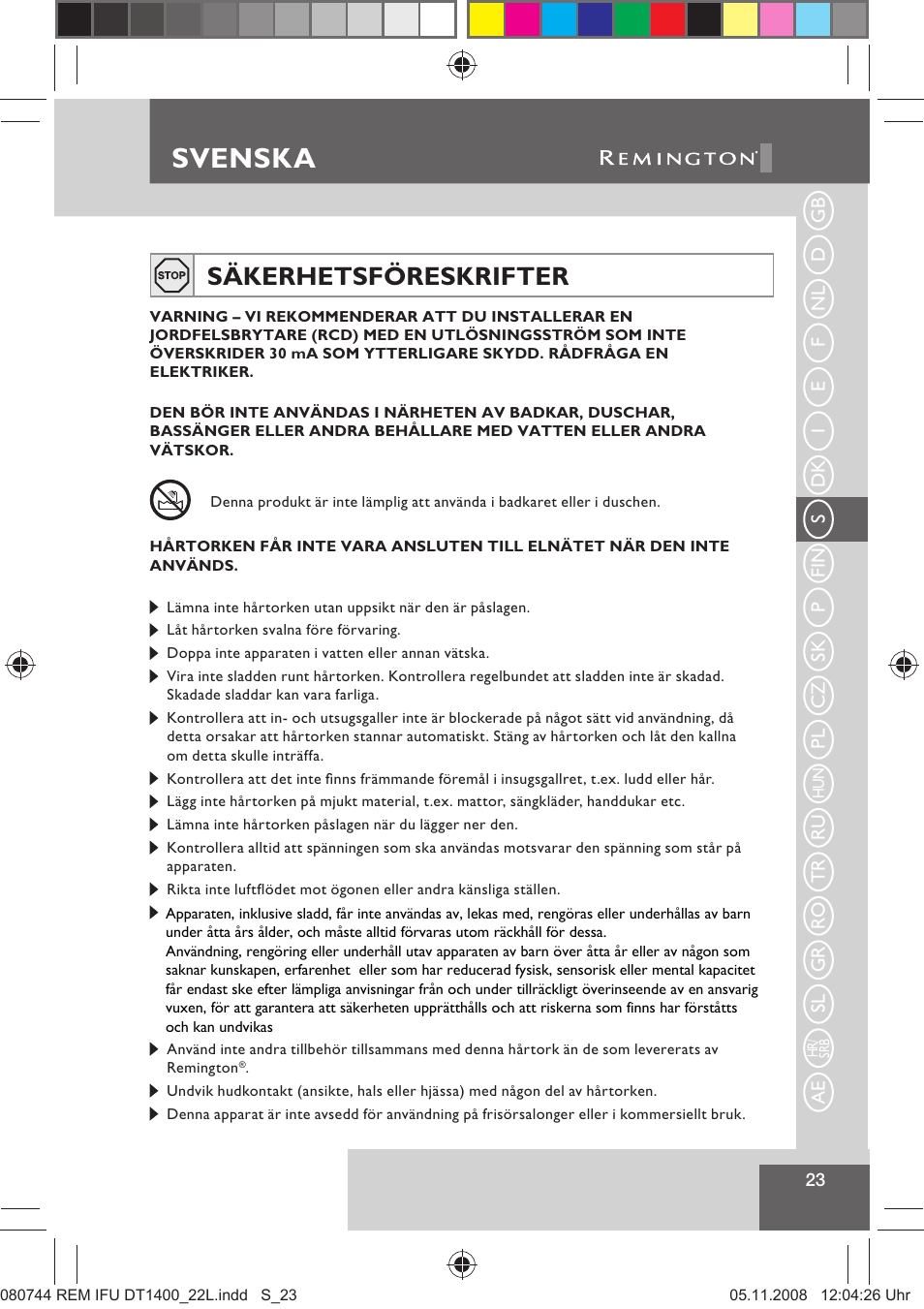 Svenska, Säkerhetsföreskrifter | Remington D2400 User Manual | Page 25 / 69
