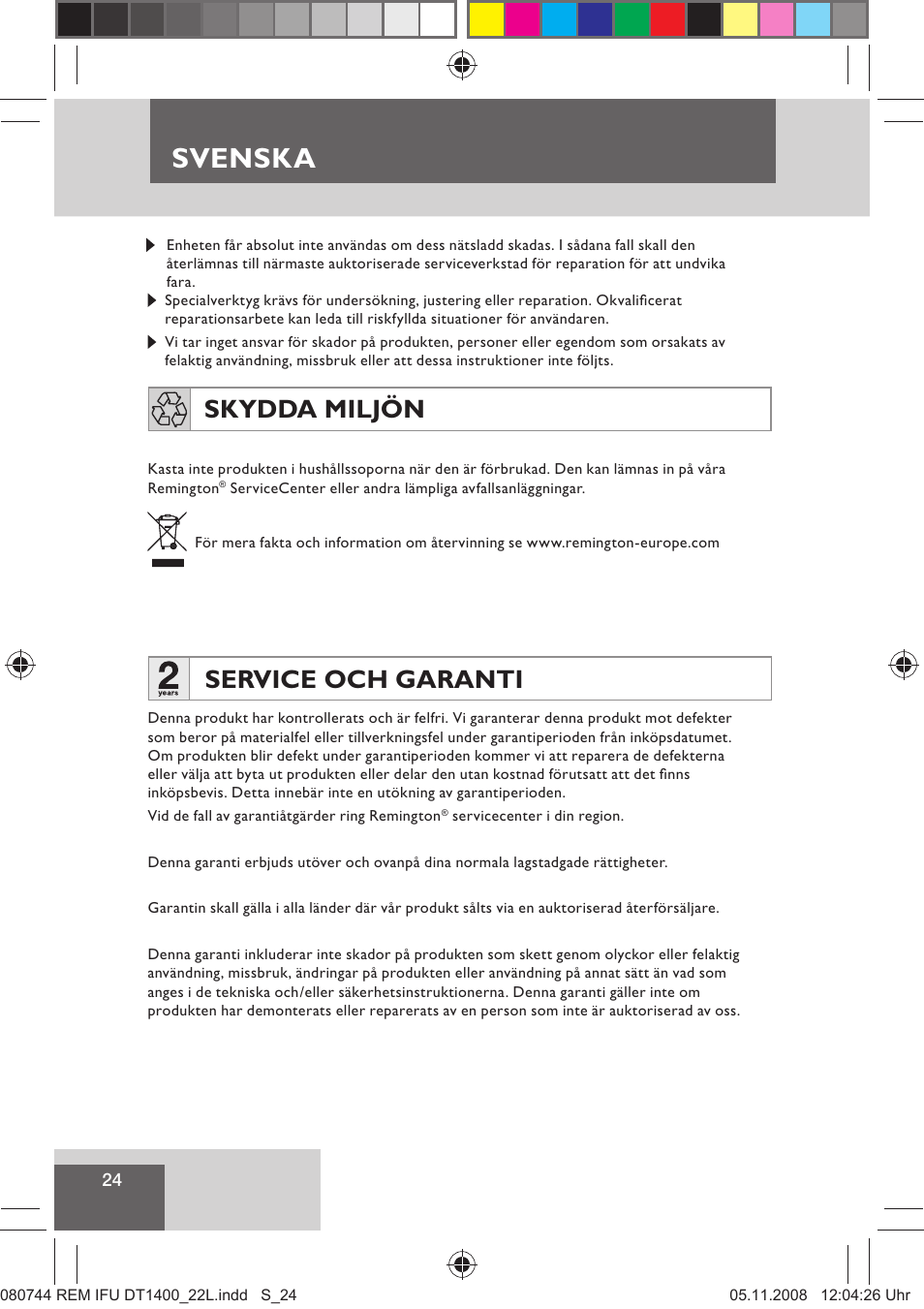 Svenska, Service och garanti, Skydda miljön | Remington D2400 User Manual | Page 26 / 69