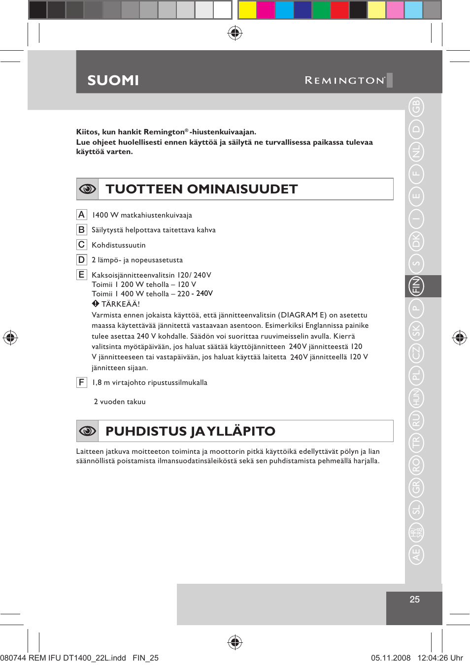 Suomi, Tuotteen ominaisuudet, Puhdistus ja ylläpito | Remington D2400 User Manual | Page 27 / 69