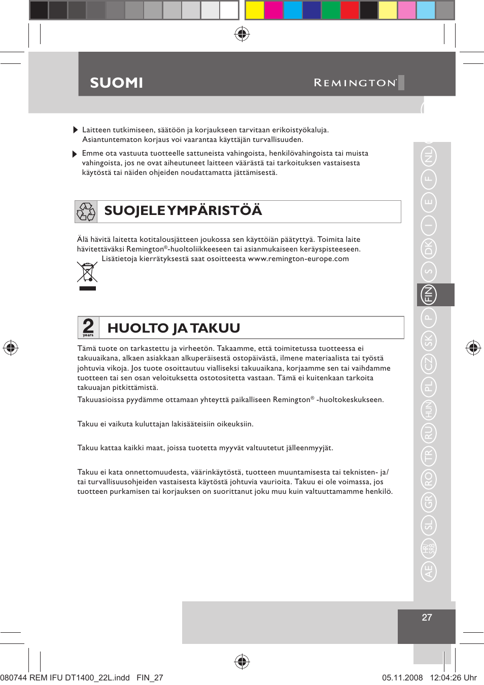 Suomi, Huolto ja takuu, Suojele ympäristöä | Remington D2400 User Manual | Page 29 / 69