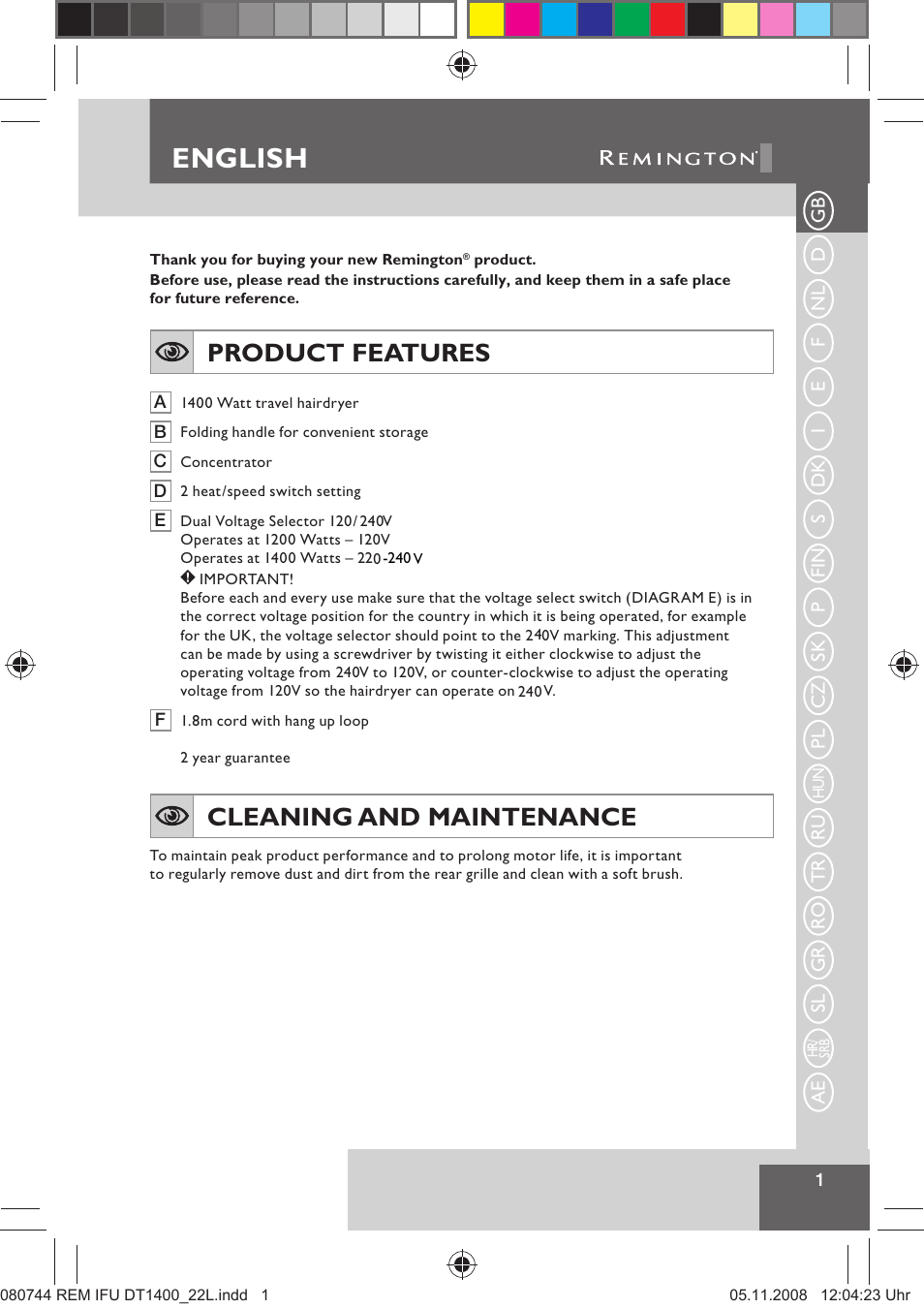 English, Product features, Cleaning and maintenance | Remington D2400 User Manual | Page 3 / 69