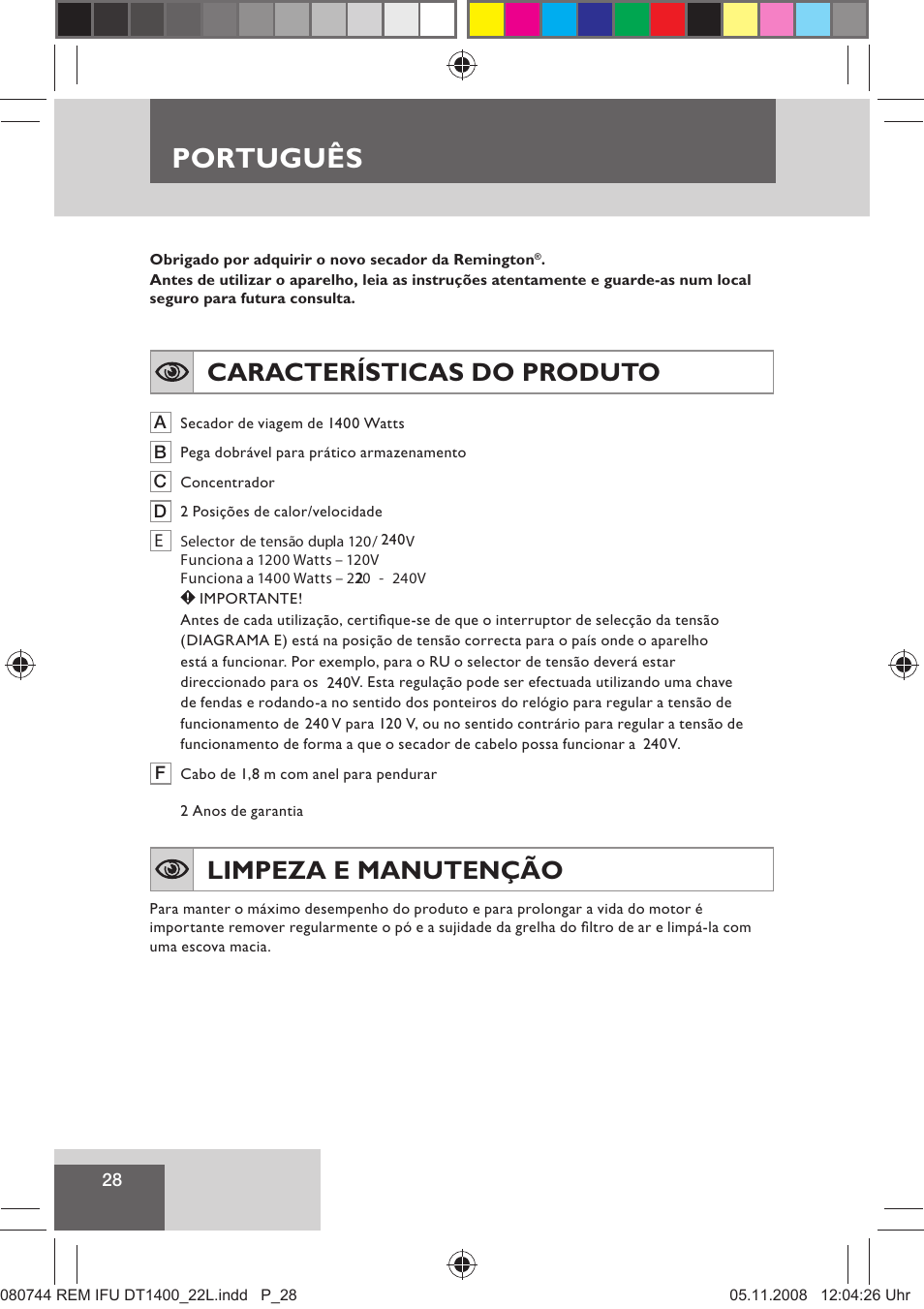 Português, Características do produto, Limpeza e manutenção | Remington D2400 User Manual | Page 30 / 69