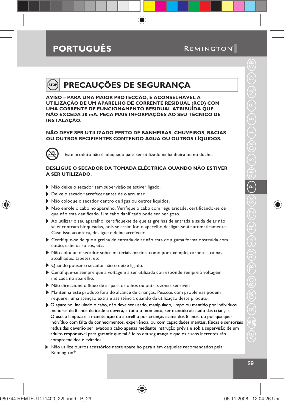 Português, Precauções de segurança | Remington D2400 User Manual | Page 31 / 69
