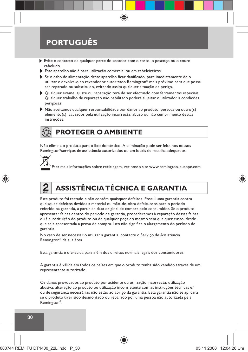 Português, Assistência técnica e garantia, Proteger o ambiente | Remington D2400 User Manual | Page 32 / 69