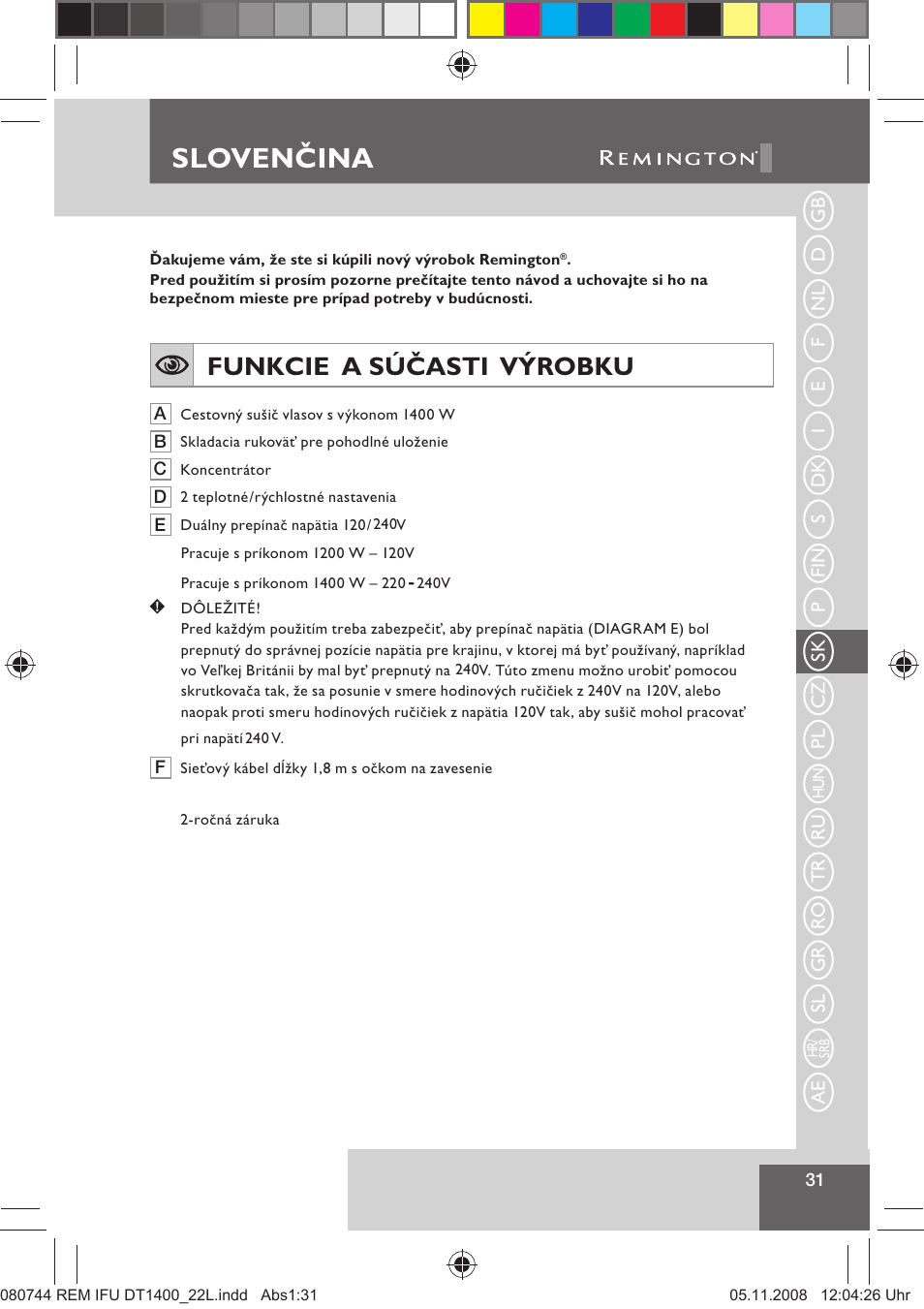 Sloven ina, Slovenčina, Funkcie a súčasti výrobku | Remington D2400 User Manual | Page 33 / 69