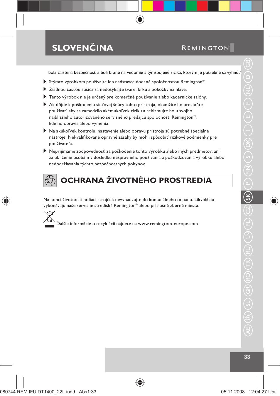 Sloven ina, Slovenčina, Ochrana životného prostredia | Remington D2400 User Manual | Page 35 / 69