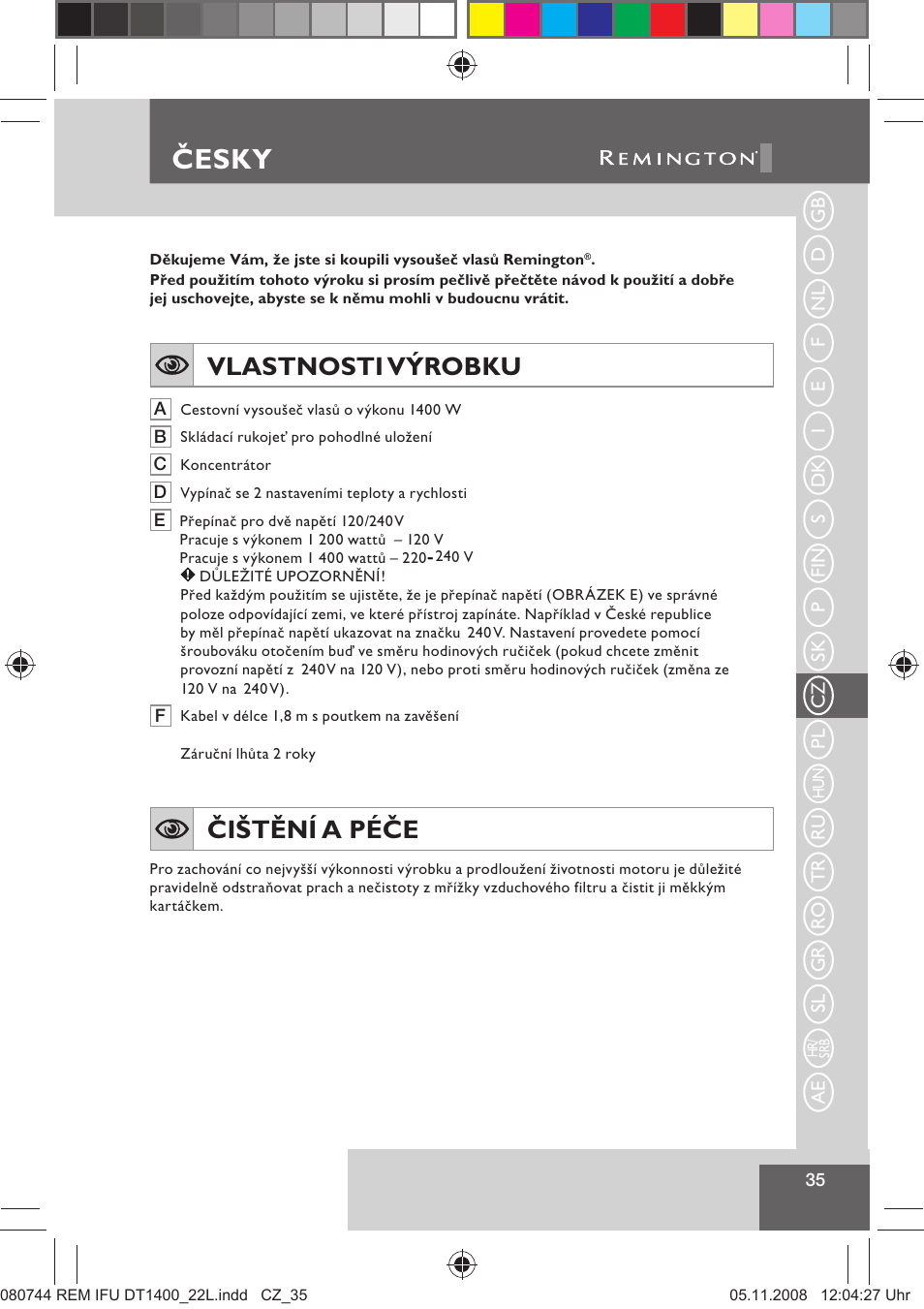 Česky, Vlastnosti výrobku, Čištění a péče | Remington D2400 User Manual | Page 37 / 69