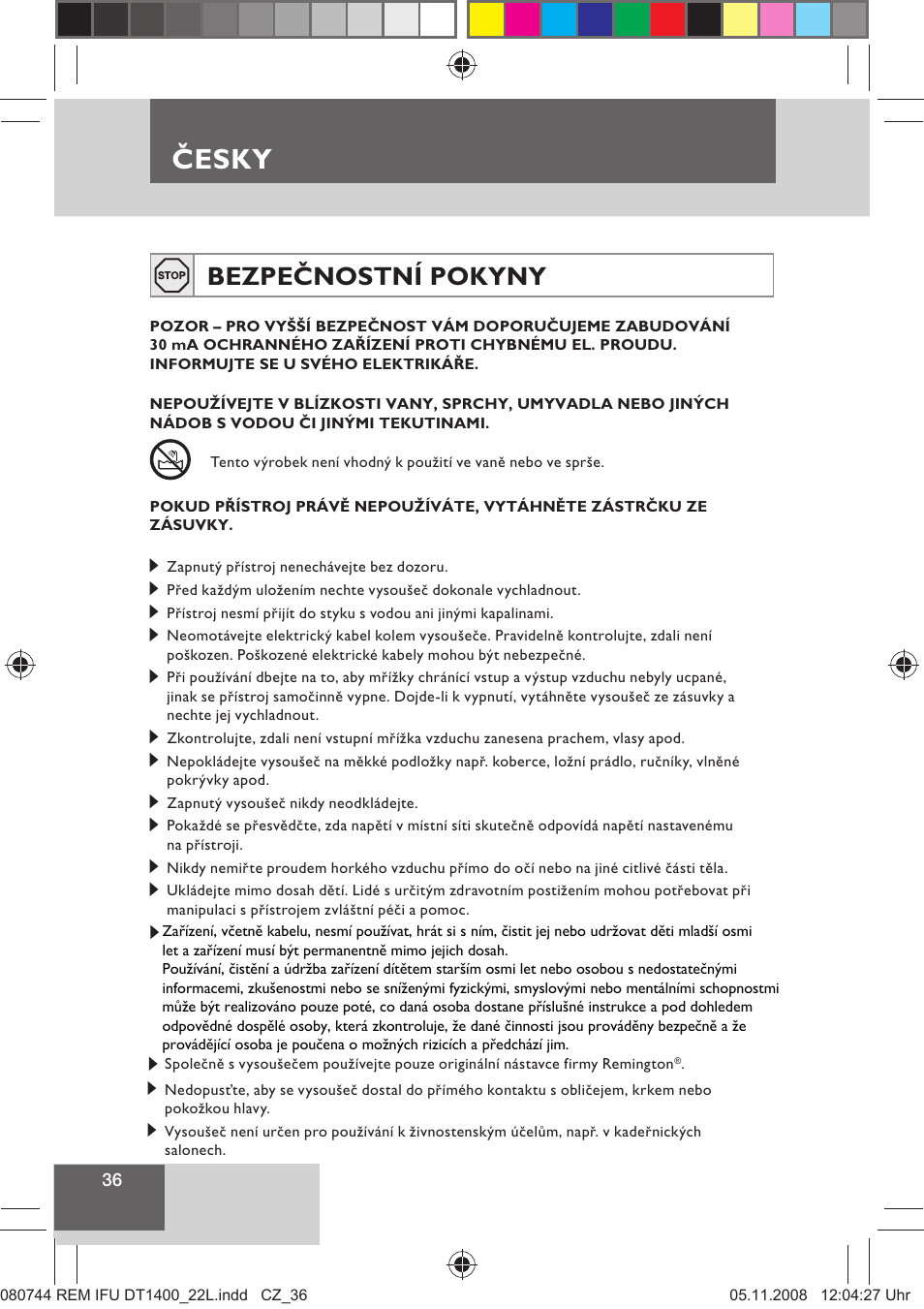 Česky, Bezpečnostní pokyny | Remington D2400 User Manual | Page 38 / 69