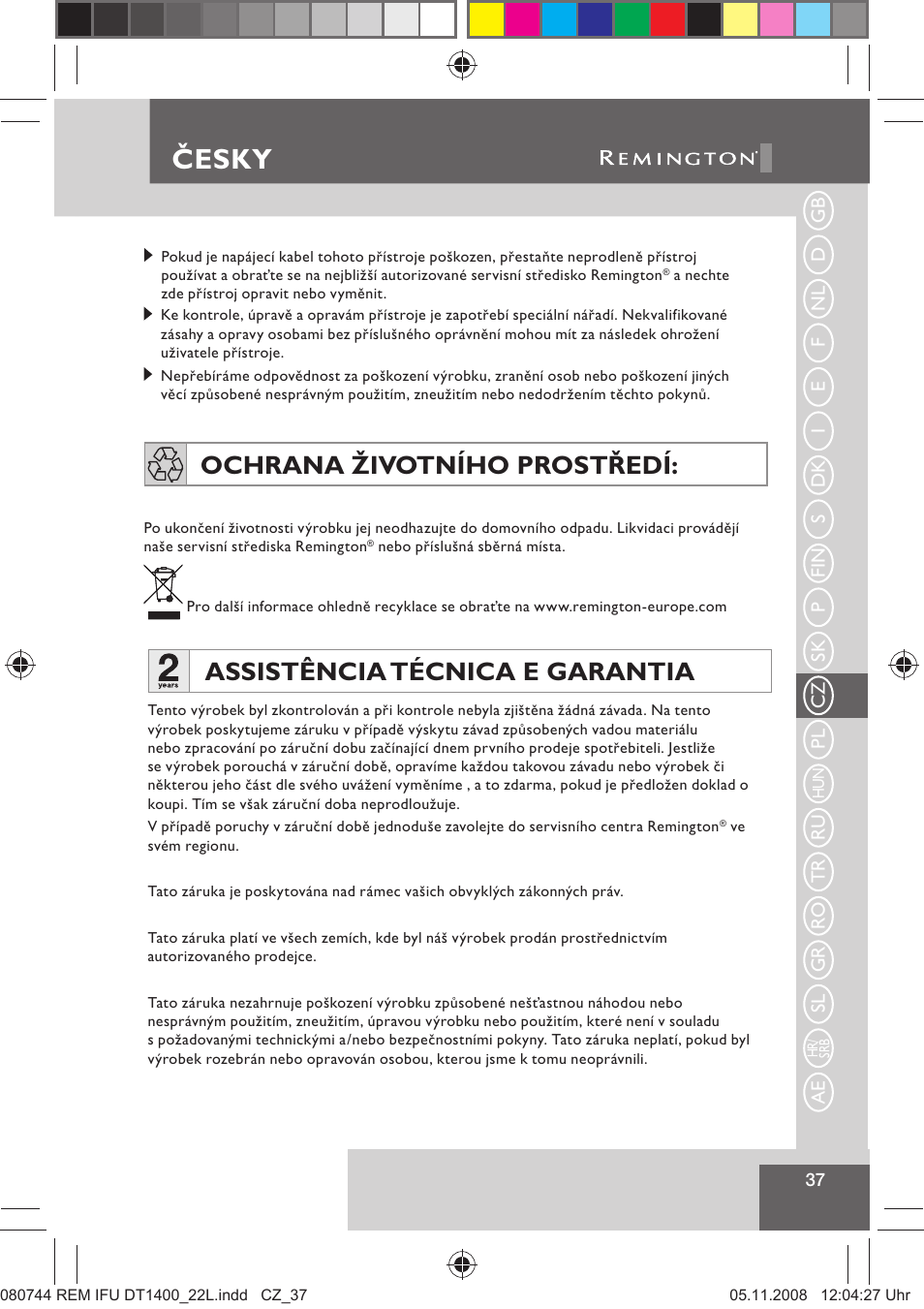 Česky, Assistência técnica e garantia, Ochrana životního prostředí | Remington D2400 User Manual | Page 39 / 69