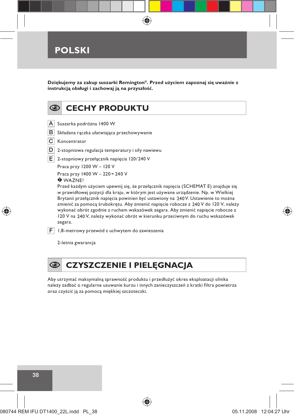 Polski, Cechy produktu, Czyszczenie i pielęgnacja | Remington D2400 User Manual | Page 40 / 69