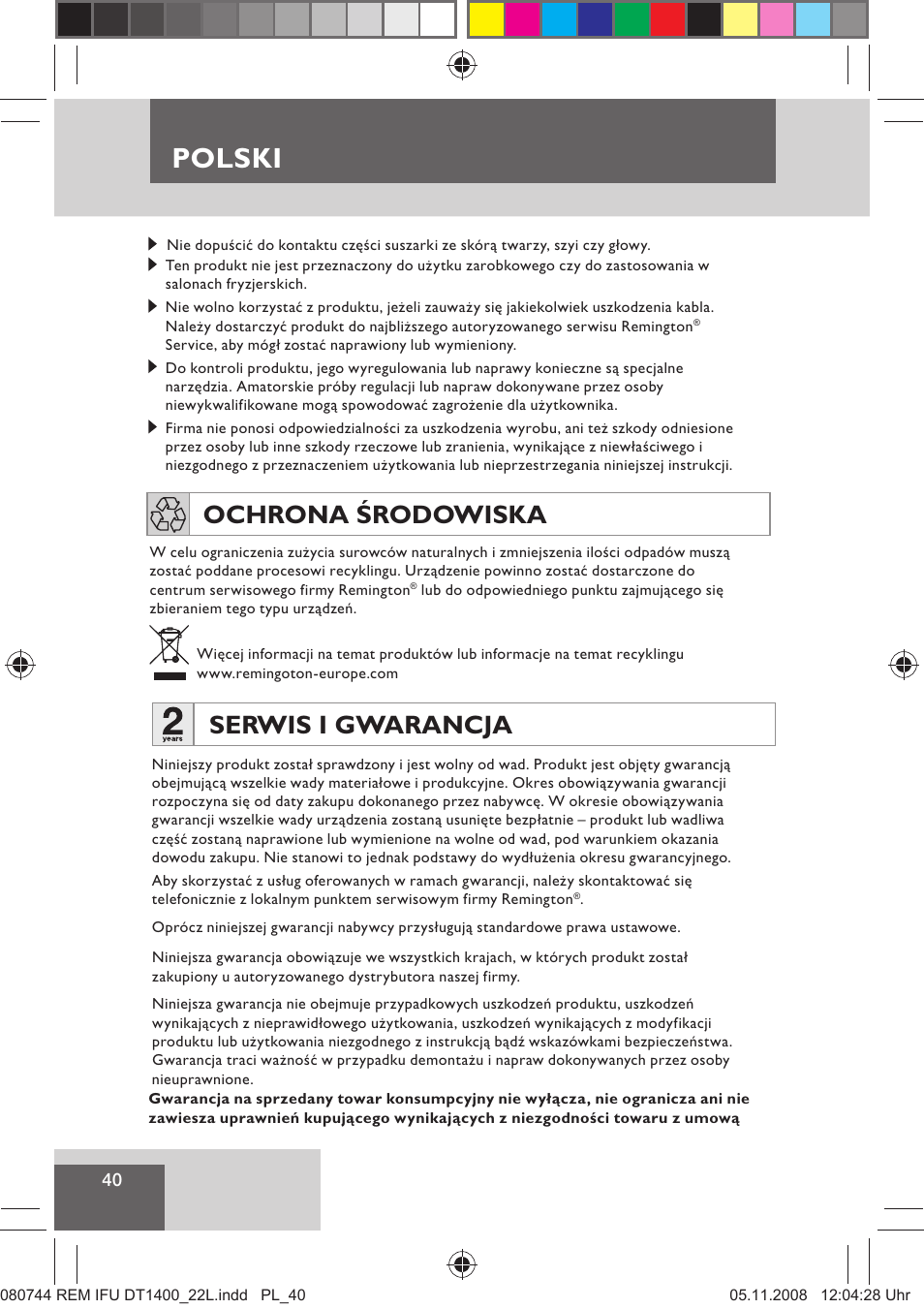 Polski, Serwis i gwarancja, Ochrona środowiska | Remington D2400 User Manual | Page 42 / 69