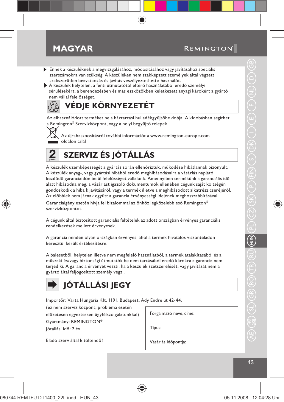 Magyar, Szerviz és jótállás, Jótállási jegy | Védje környezetét | Remington D2400 User Manual | Page 45 / 69