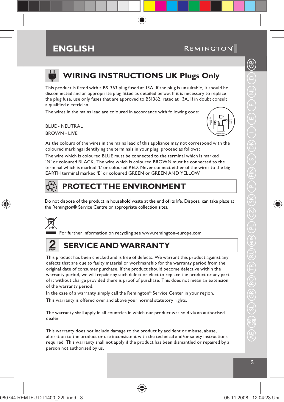 English, Wiring instructions uk plugs only, Service and warranty | Protect the environment, Ru tr ro gr sl ae | Remington D2400 User Manual | Page 5 / 69