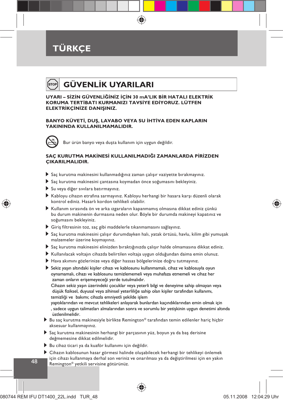 Türkçe, Güvenlik uyarilari | Remington D2400 User Manual | Page 50 / 69