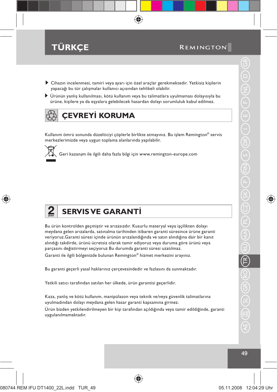 Türkçe, Servis ve garanti, Çevreyi koruma | Remington D2400 User Manual | Page 51 / 69