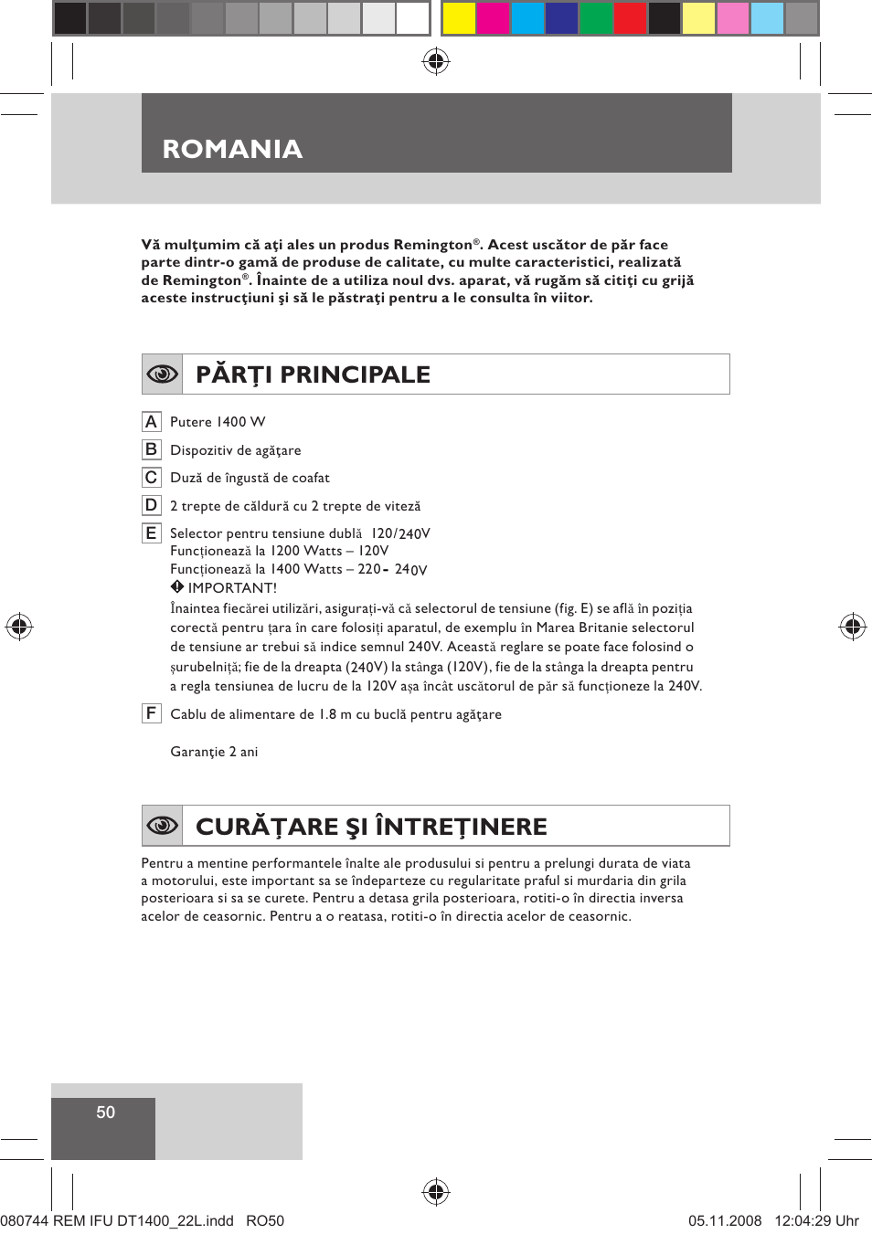 Romania, Părţi principale, Curăţare şi întreţinere | Remington D2400 User Manual | Page 52 / 69