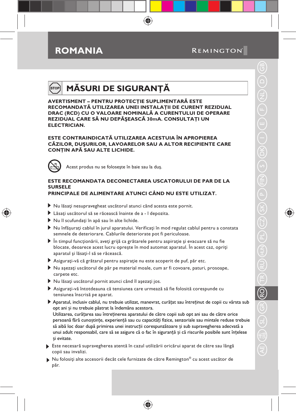 Romania, Măsuri de siguranţă | Remington D2400 User Manual | Page 53 / 69
