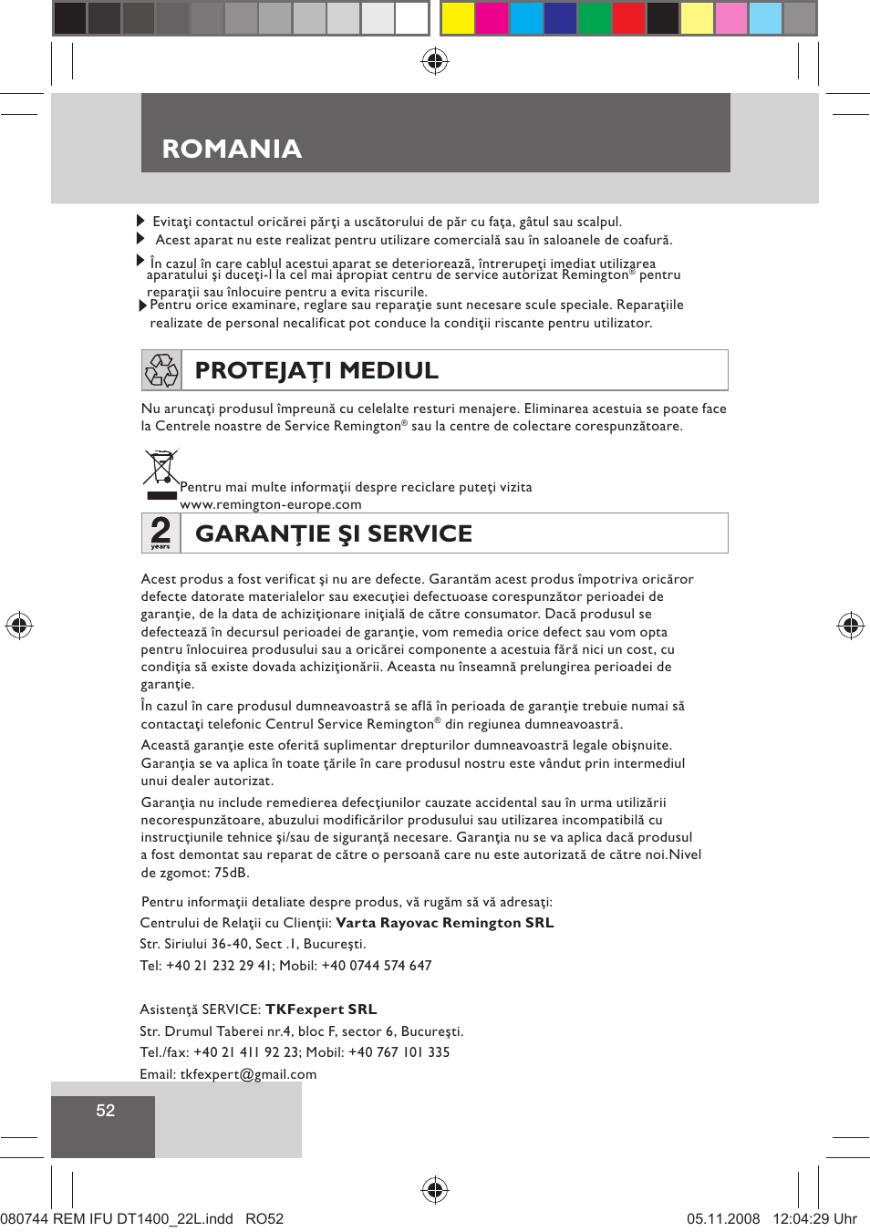 Romania, Garanţie şi service, Protejaţi mediul | Remington D2400 User Manual | Page 54 / 69