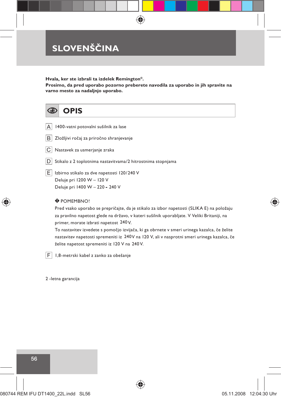 Slovenščina, Opis | Remington D2400 User Manual | Page 58 / 69