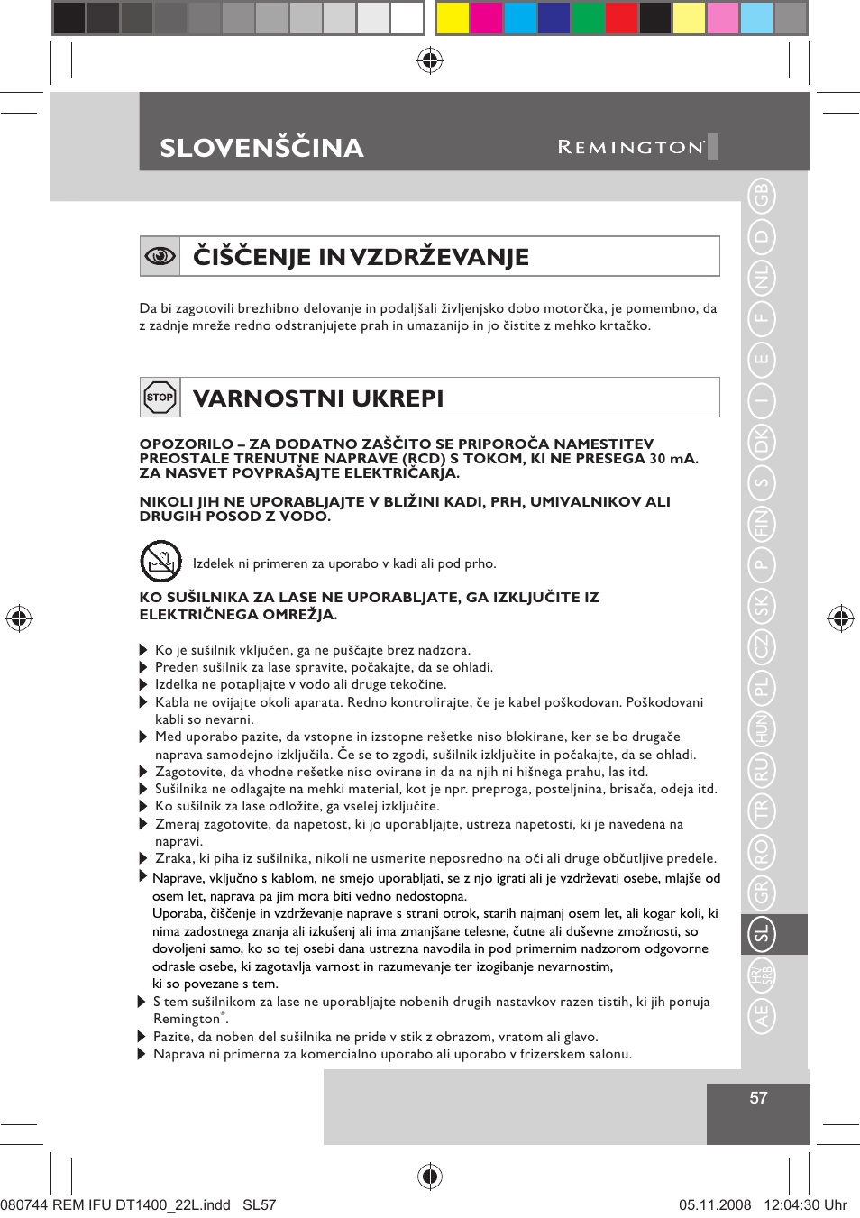 Slovenščina, Čiščenje in vzdrževanje, Varnostni ukrepi | Remington D2400 User Manual | Page 59 / 69