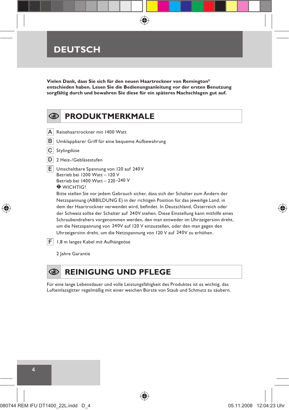 Deutsch, Produktmerkmale, Reinigung und pflege | Remington D2400 User Manual | Page 6 / 69
