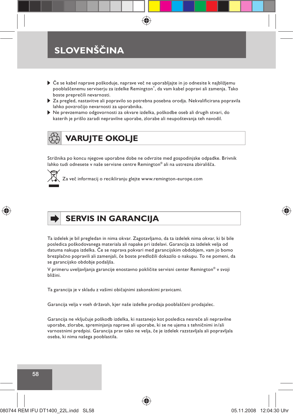 Slovenščina, Servis in garancija, Varujte okolje | Remington D2400 User Manual | Page 60 / 69